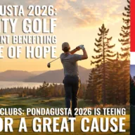 Golfer teeing off at sunset with mountain and lake views at Ponderosa Springs, promoting Pondagusta 2026 Charity Golf Tournament benefiting Village of Hope, hosted by The Agency Coeur d'Alene
