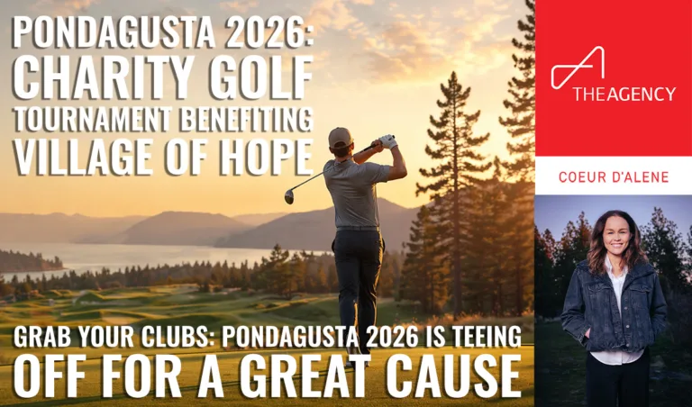 Golfer teeing off at sunset with mountain and lake views at Ponderosa Springs, promoting Pondagusta 2026 Charity Golf Tournament benefiting Village of Hope, hosted by The Agency Coeur d'Alene