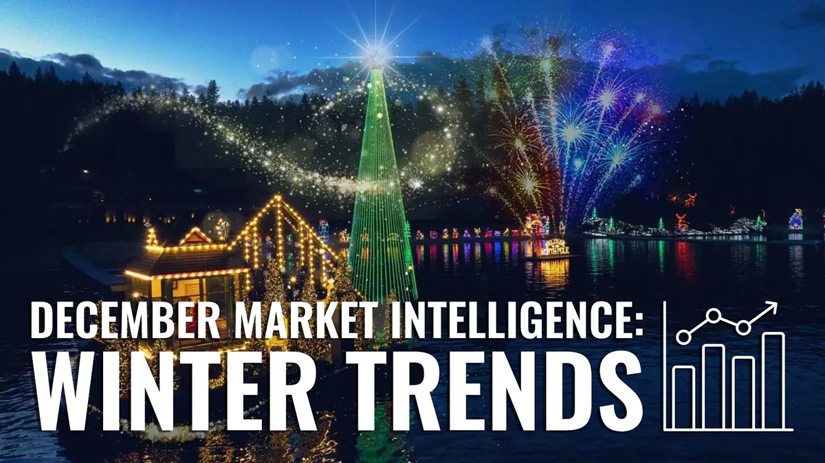 Coeur d'Alene Resort Holiday Light Show with fireworks over Lake Coeur d'Alene featuring December 2025 Market Intelligence Winter Trends report for North Idaho real estate