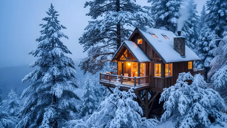 Snow-covered cabin with glowing windows and chimney smoke nestled among winter pine trees at dusk