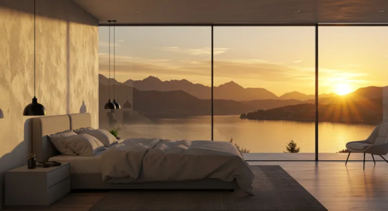Modern luxury bedroom with floor-to-ceiling windows overlooking North Idaho mountain lake at golden hour sunrise, representing premium lakefront living opportunities now more accessible with Federal Reserve rate cuts