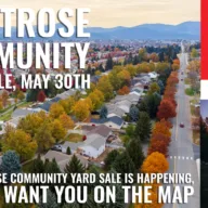 Aerial view of Montrose subdivision in Post Falls, Idaho in fall, promoting the 1st Annual Montrose Community Yard Sale on May 30th, hosted by Erika Solberg, REALTOR® with The Agency Coeur d'Alene