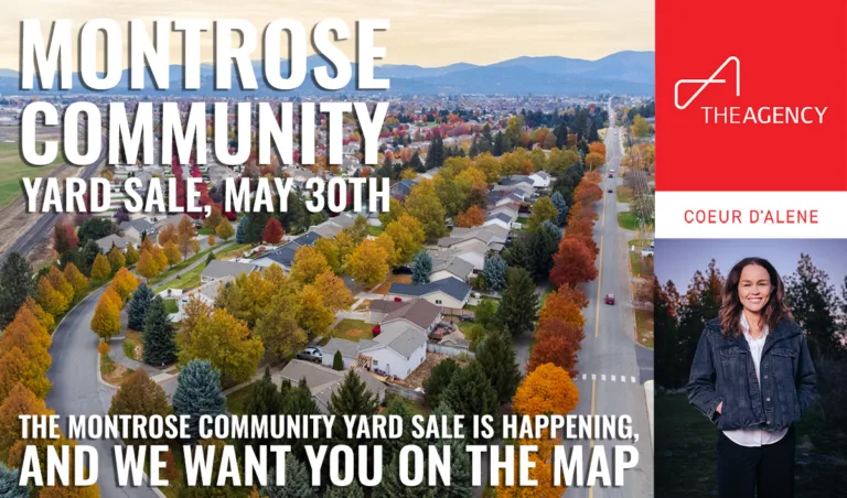 Aerial view of Montrose subdivision in Post Falls, Idaho in fall, promoting the 1st Annual Montrose Community Yard Sale on May 30th, hosted by Erika Solberg, REALTOR® with The Agency Coeur d'Alene