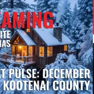 Newsletter cover graphic featuring a snow-covered cabin at night with “Dreaming of a White Christmas” and “Market Pulse: December 2025 | Kootenai County” text, plus The Agency Coeur d’Alene branding and an agent portrait.