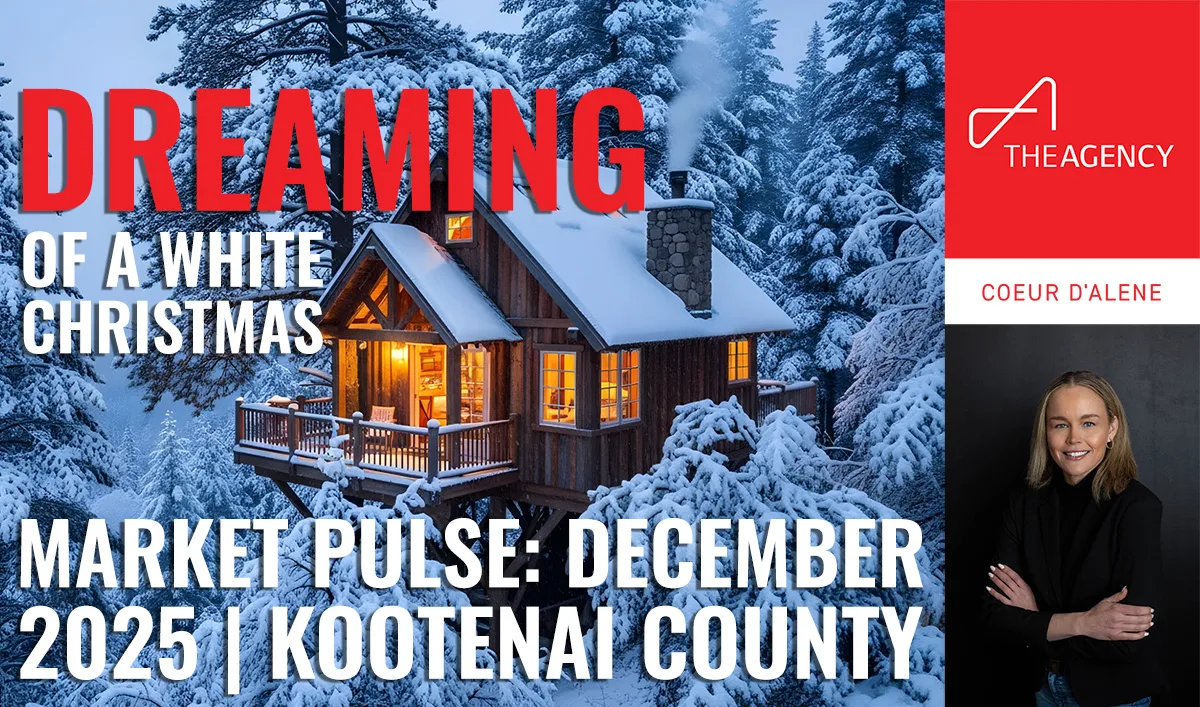 Newsletter cover graphic featuring a snow-covered cabin at night with “Dreaming of a White Christmas” and “Market Pulse: December 2025 | Kootenai County” text, plus The Agency Coeur d’Alene branding and an agent portrait.