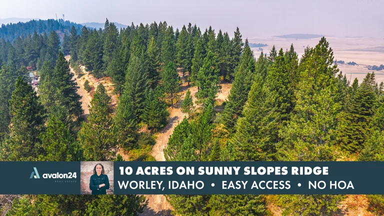 Aerial view of 10 wooded acres on Sunny Slopes Ridge in Worley, Idaho with Avalon 24 Real Estate branding