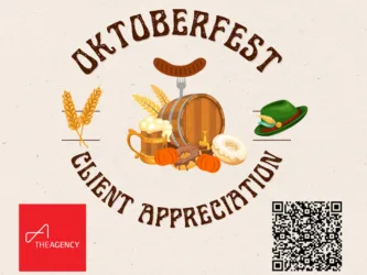 Invitation: Oktoberfest Client Appreciation at The Agency Coeur d’Alene, 1911 N 4th St, Friday Oct 10, 4:00–7:30 p.m.—register via QR code.